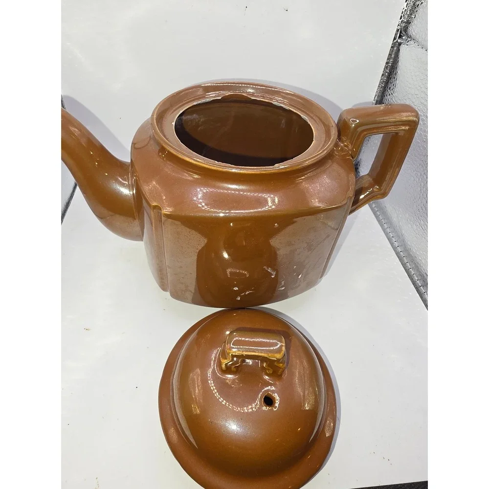 Vintage Brown Ceramic Teapot Made in Japan Art Deco Square Geometric Design